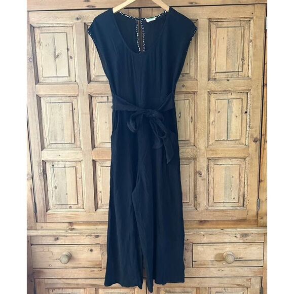 By Anthropologie 2 Black Jumpsuit Wide Leg Cropped Belted‎ - Picture 2 of 13